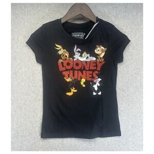 Looney Tunes Graphic Tee Girls Size Medium 7 8 Black Red Glitter Logo Bugs Bunny